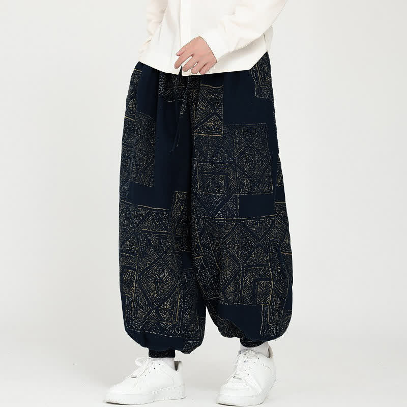 Buddha Stones Pantalon harem homme décontracté vintage printemps automne cordon de serrage géométrique court avec poches - Bleu nuit - US/UK/AU46, EU56 (5XL) - image 0