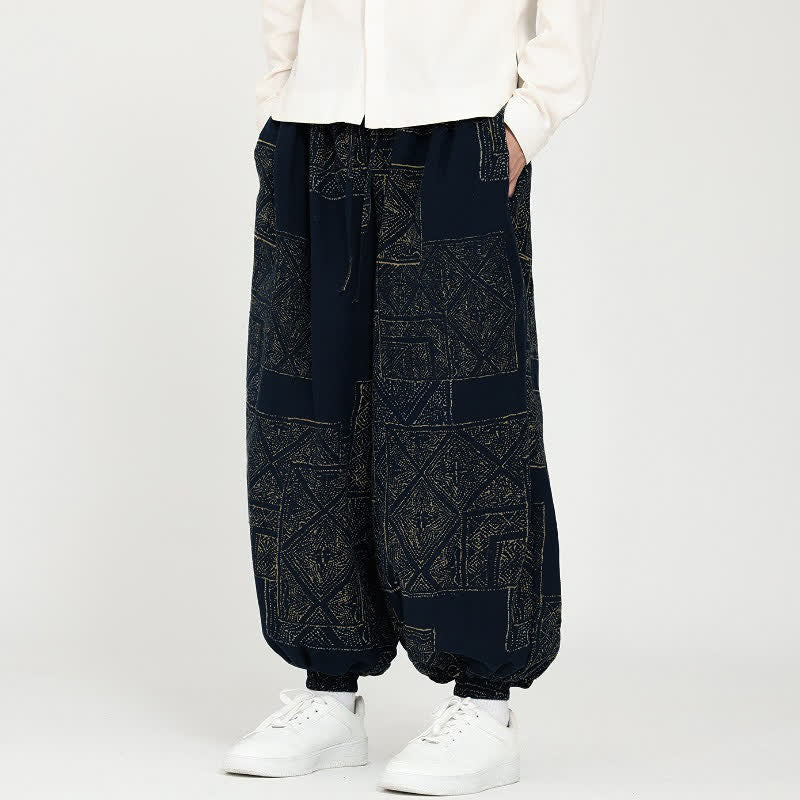 Buddha Stones Pantalon harem homme décontracté vintage printemps automne cordon de serrage géométrique court avec poches - image 1