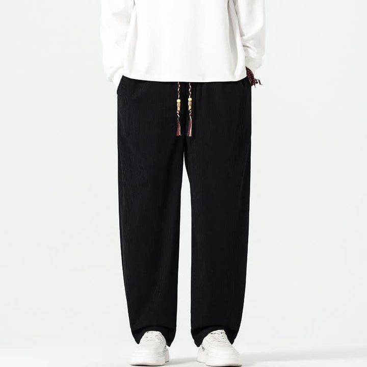 Buddha Stones Pantalon décontracté bohème automne-hiver à cordon de serrage, coupe 7/8, en velours côtelé, jambes droites, avec poches - Noir - US/UK/AU48, EU58 (5XL) - image 11