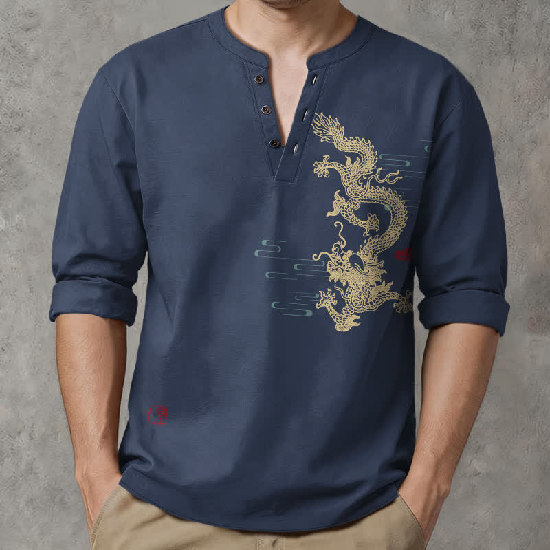 Buddha Stones Chemises à manches longues pour hommes en coton à motif de nuage de dragon doré et col en V avec boutons - Marine - US/UK/AU48，EU58 (4XL) - image 0