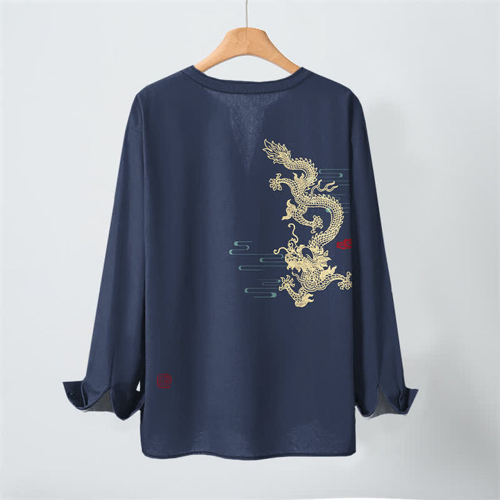 Buddha Stones Chemises à manches longues pour hommes en coton à motif de nuage de dragon doré et col en V avec boutons - image 3
