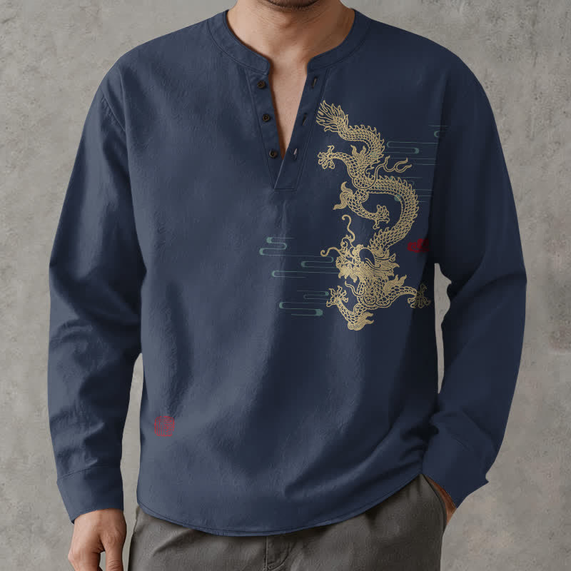 Buddha Stones Chemises à manches longues pour hommes en coton à motif de nuage de dragon doré et col en V avec boutons - image 1