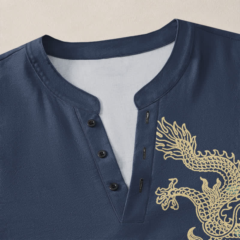 Buddha Stones Chemises à manches longues pour hommes en coton à motif de nuage de dragon doré et col en V avec boutons - image 4