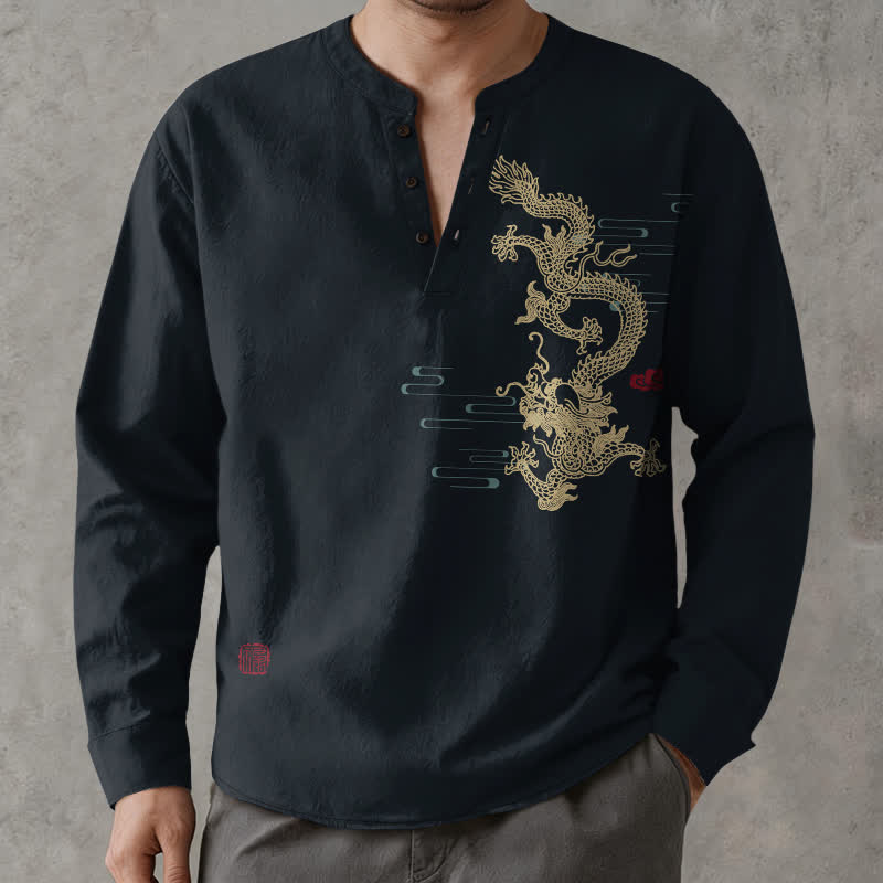 Buddha Stones Chemises à manches longues pour hommes en coton à motif de nuage de dragon doré et col en V avec boutons - image 8