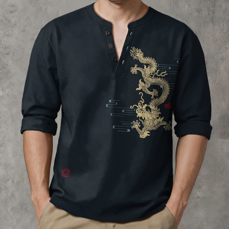 Buddha Stones Chemises à manches longues pour hommes en coton à motif de nuage de dragon doré et col en V avec boutons - Noir - US/UK/AU48，EU58 (4XL) - image 7