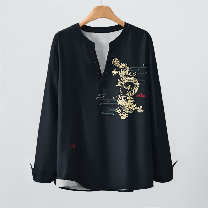 Buddha Stones Chemises à manches longues pour hommes en coton à motif de nuage de dragon doré et col en V avec boutons - image 9
