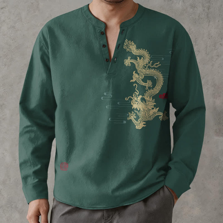 Buddha Stones Chemises à manches longues pour hommes en coton à motif de nuage de dragon doré et col en V avec boutons - image 15