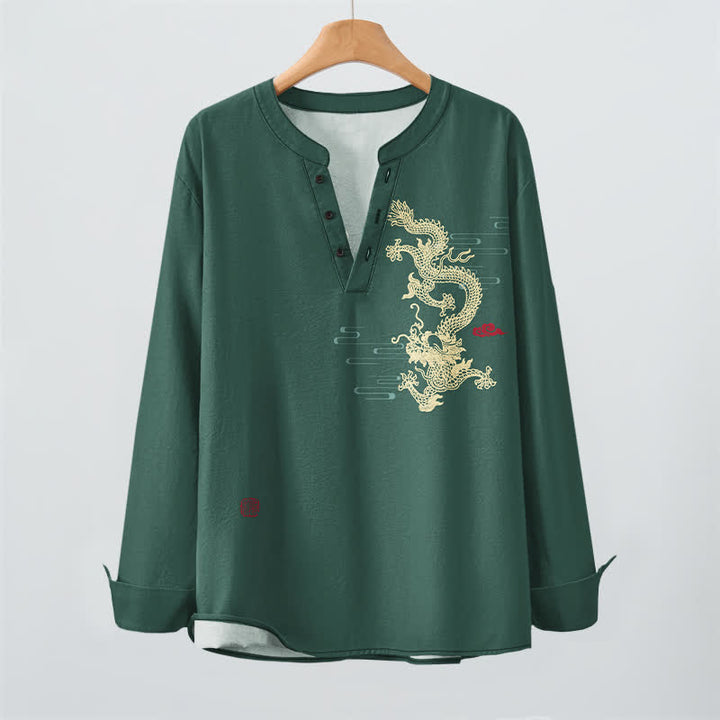 Buddha Stones Chemises à manches longues pour hommes en coton à motif de nuage de dragon doré et col en V avec boutons - image 16