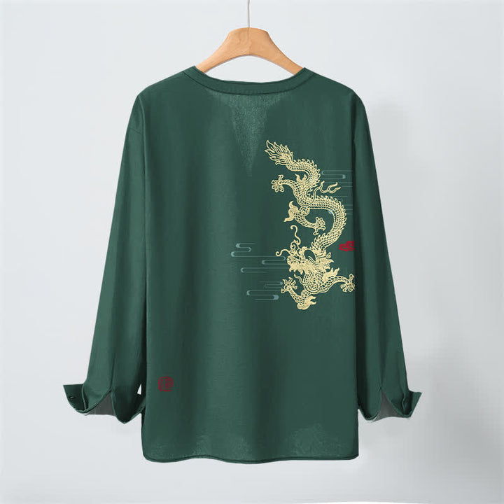Buddha Stones Chemises à manches longues pour hommes en coton à motif de nuage de dragon doré et col en V avec boutons - image 17