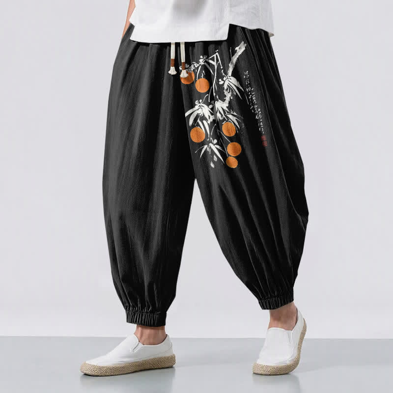 Buddha Stones Pantalon harem pour homme en pur coton, motif branches de bambou, cordon de serrage et poches - Noir - US/UK/AU50，EU60 (5XL) - image 0