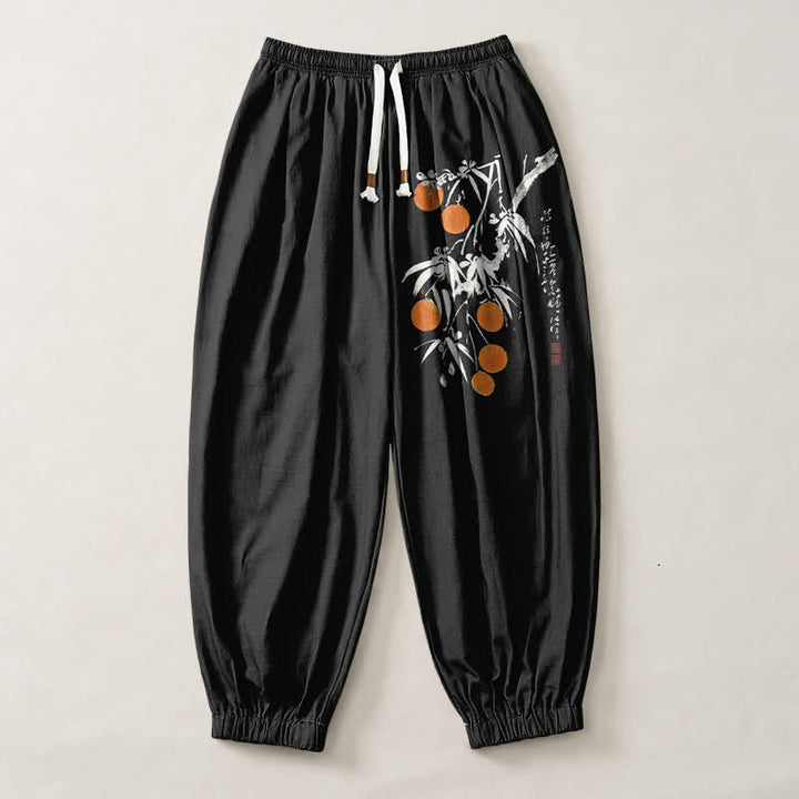 Buddha Stones Pantalon harem pour homme en pur coton, motif branches de bambou, cordon de serrage et poches - image 1