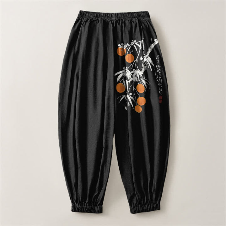 Buddha Stones Pantalon harem pour homme en pur coton, motif branches de bambou, cordon de serrage et poches - image 2