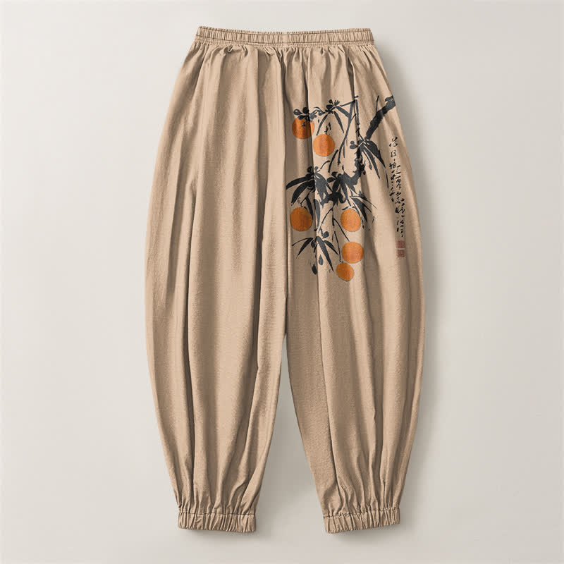 Buddha Stones Pantalon harem pour homme en pur coton, motif branches de bambou, cordon de serrage et poches - image 8