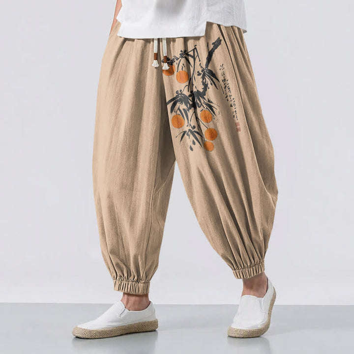 Buddha Stones Pantalon harem pour homme en pur coton, motif branches de bambou, cordon de serrage et poches - Tanné - US/UK/AU50，EU60 (5XL) - image 6