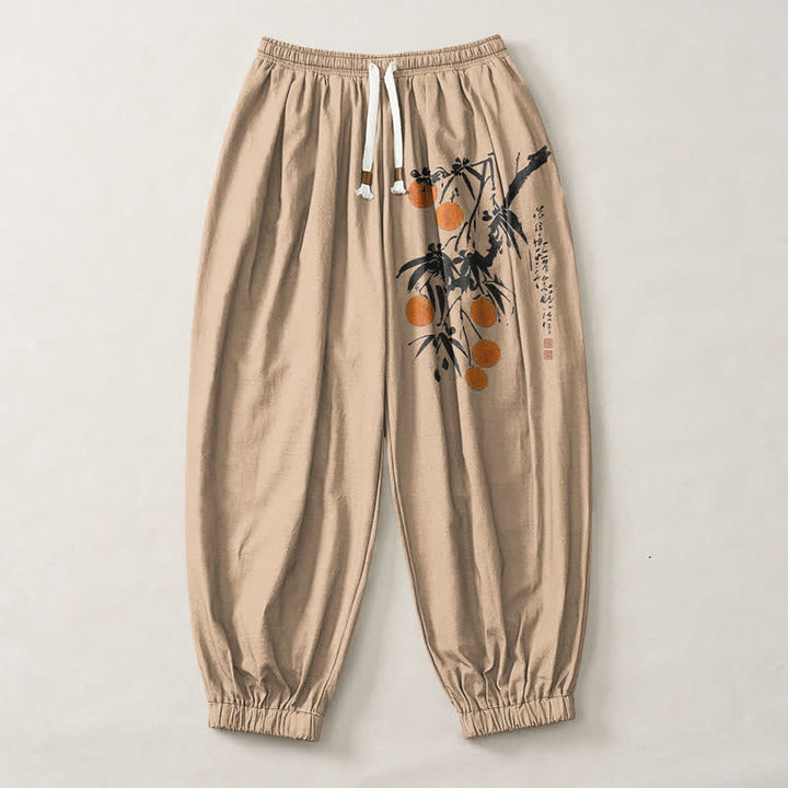 Buddha Stones Pantalon harem pour homme en pur coton, motif branches de bambou, cordon de serrage et poches - image 7