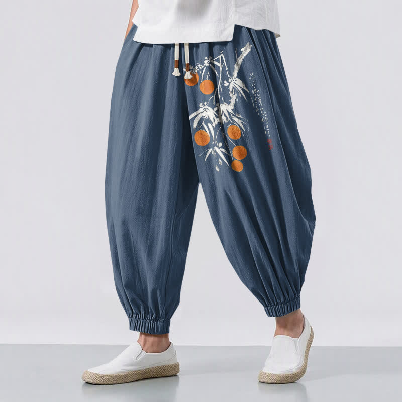 Buddha Stones Pantalon harem pour homme en pur coton, motif branches de bambou, cordon de serrage et poches - SteelBlue - US/UK/AU50，EU60 (5XL) - image 12
