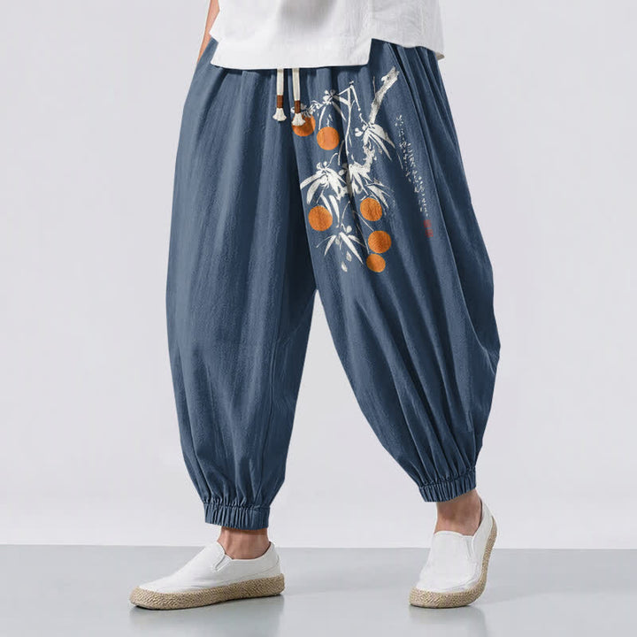 Buddha Stones Pantalon harem pour homme en pur coton, motif branches de bambou, cordon de serrage et poches - SteelBlue - US/UK/AU50，EU60 (5XL) - image 12