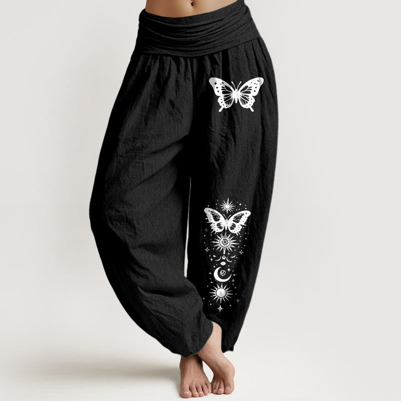 Buddha Stones Pantalon harem pour femme en pur coton, motif lune, étoile et papillon, taille élastique - Noir - US16，UK/AU20，EU48 (3XL) - image 0