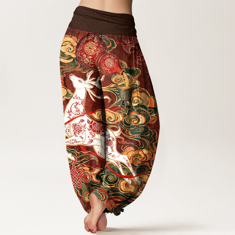 Buddha Stones Pantalon harem pour femme en coton orné d'un motif de nœud chinois nuageux porte-bonheur et taille élastique - image 1