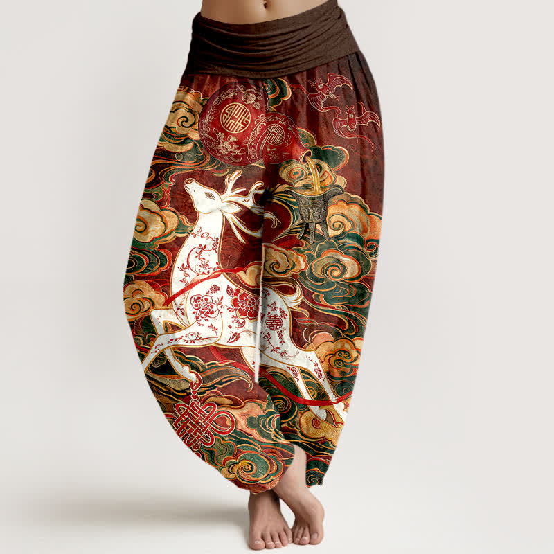 Buddha Stones Pantalon harem pour femme en coton orné d'un motif de nœud chinois nuageux porte-bonheur et taille élastique - Brun - US16，UK/AU20，EU48 (3XL) - image 0