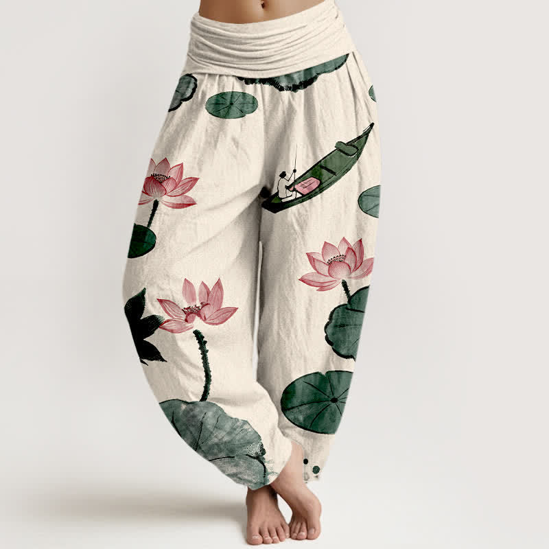 Buddha Stones Pantalon harem pour femme en coton à motif lotus oriental et taille élastique - Beige - US16，UK/AU20，EU48 (3XL) - image 0