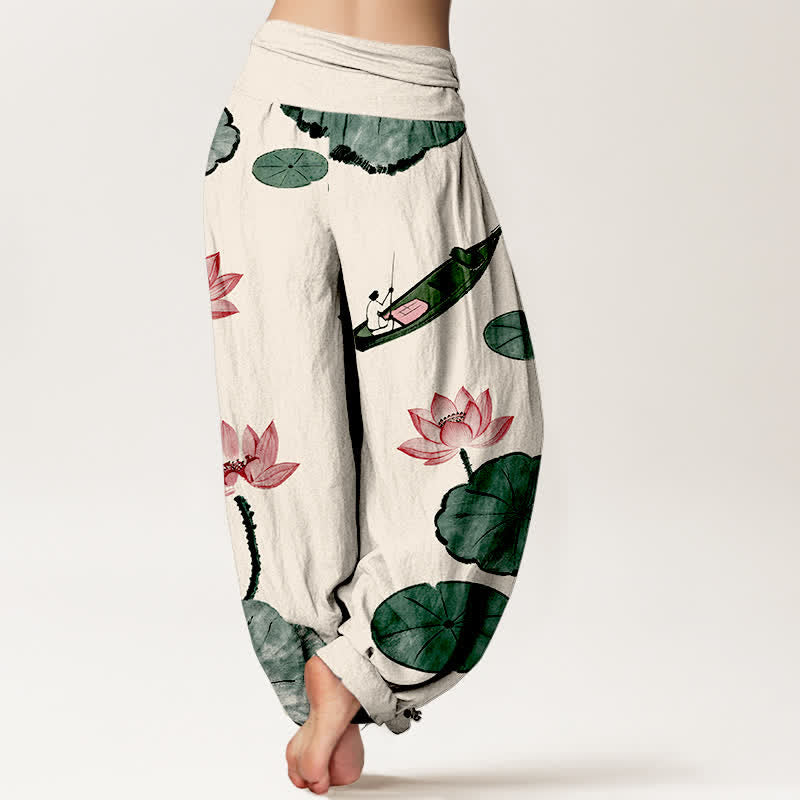 Buddha Stones Pantalon harem pour femme en coton à motif lotus oriental et taille élastique - image 1