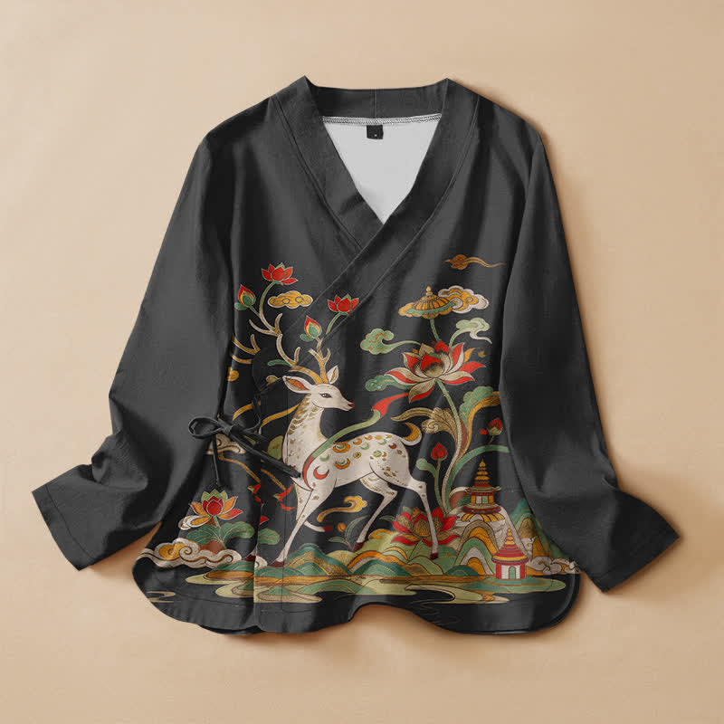 Buddha Stones Kimono en coton imprimé lotus, cerf et nuages, col en V cache-cœur, lacé, manches longues - Noir - US16，UK/AU20，EU48 (3XL) - image 0