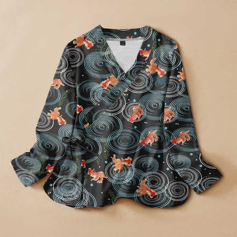 Buddha Stones Kimono à manches longues pour femme, en coton, orné d'un motif de carpes koï en spirale et de fleurs d'oiseaux. Col en V, lacets. - Noir - US16，UK/AU20，EU48 (3XL) - image 0