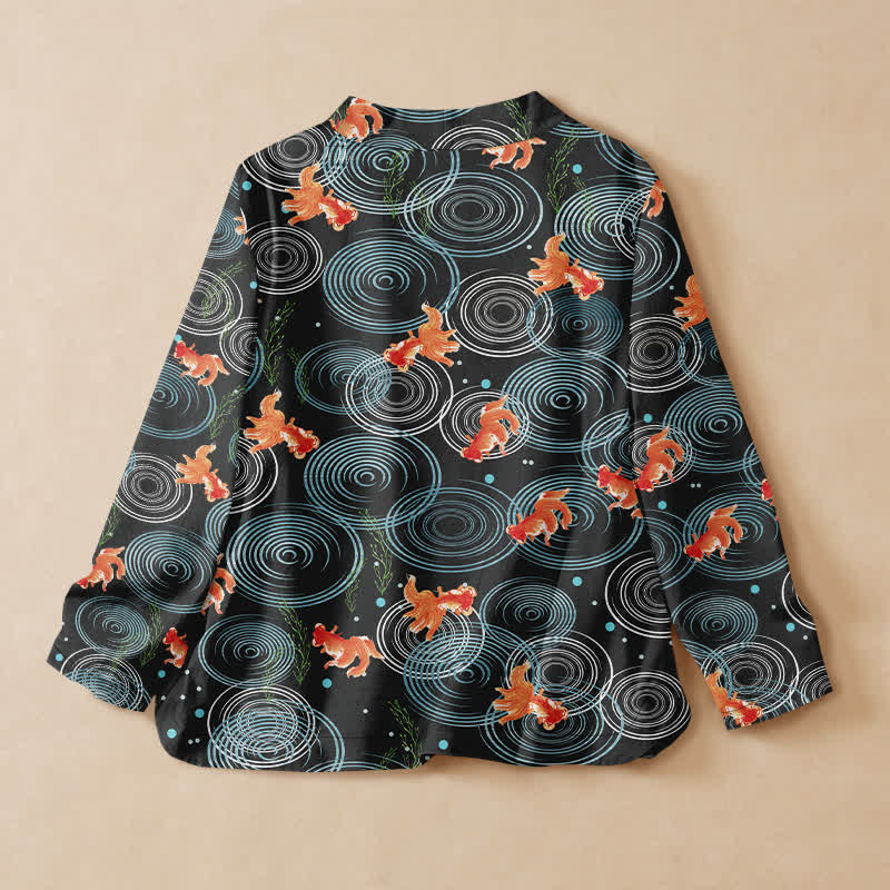 Buddha Stones Kimono à manches longues pour femme, en coton, orné d'un motif de carpes koï en spirale et de fleurs d'oiseaux. Col en V, lacets. - image 1