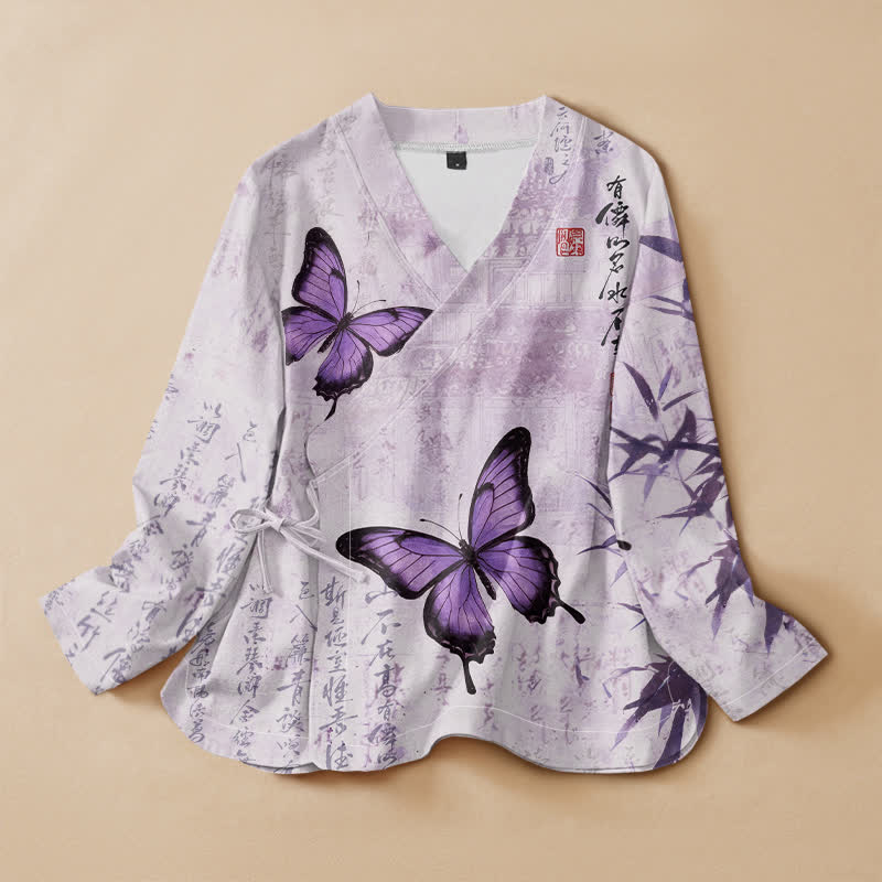 Buddha Stones Kimono à manches longues pour femme, imprimé papillons en coton et bambou, col en V, lacé - Chardon - US16，UK/AU20，EU48 (3XL) - image 0