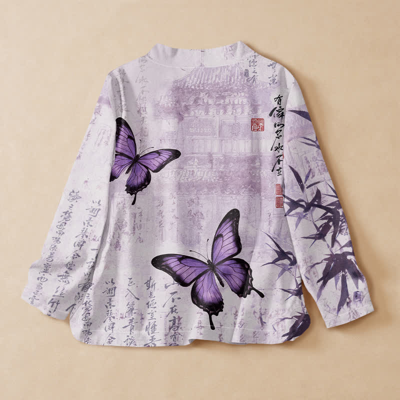 Buddha Stones Kimono à manches longues pour femme, imprimé papillons en coton et bambou, col en V, lacé - image 1