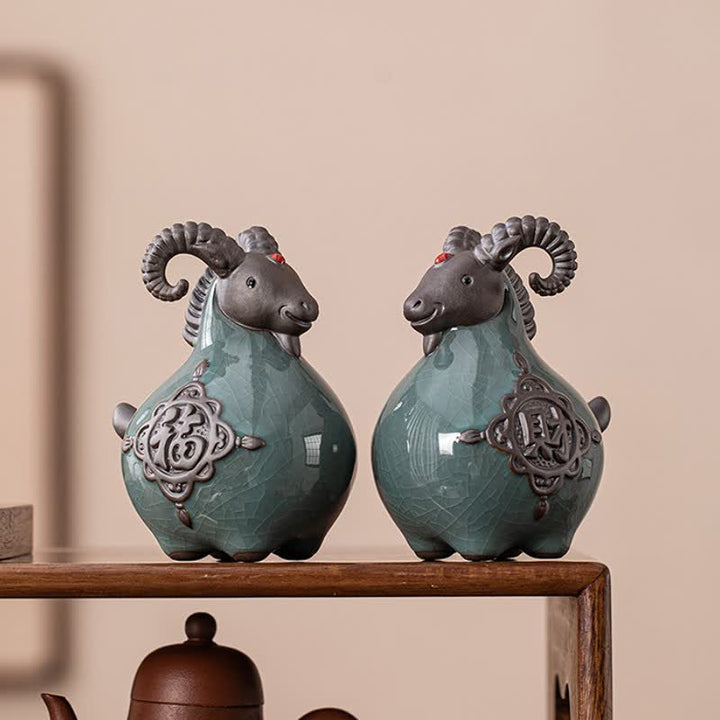 Buddha Stones Figurine en céramique de chèvre à cornes recourbées, porte-bonheur et adorable décoration animale - image 13