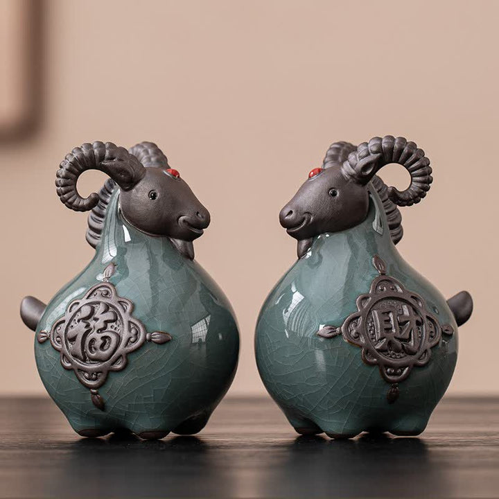 Buddha Stones Figurine en céramique de chèvre à cornes recourbées, porte-bonheur et adorable décoration animale - image 14