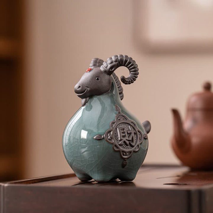 Buddha Stones Figurine en céramique de chèvre à cornes recourbées, porte-bonheur et adorable décoration animale - image 8