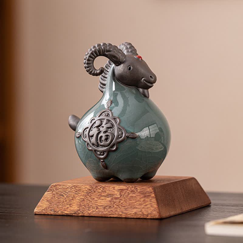 Buddha Stones Figurine en céramique de chèvre à cornes recourbées, porte-bonheur et adorable décoration animale - image 2