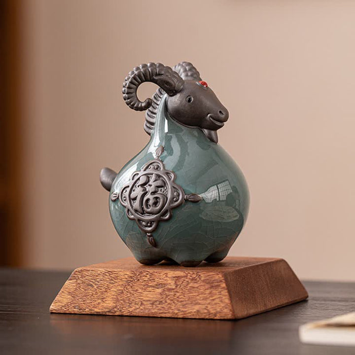 Buddha Stones Figurine en céramique de chèvre à cornes recourbées, porte-bonheur et adorable décoration animale - image 2