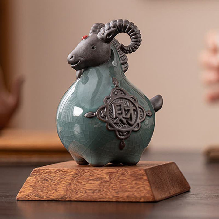 Buddha Stones Figurine en céramique de chèvre à cornes recourbées, porte-bonheur et adorable décoration animale - image 9