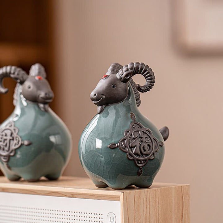 Buddha Stones Figurine en céramique de chèvre à cornes recourbées, porte-bonheur et adorable décoration animale - image 15