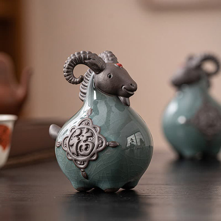 Buddha Stones Figurine en céramique de chèvre à cornes recourbées, porte-bonheur et adorable décoration animale - image 3