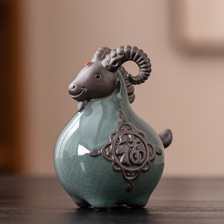 Buddha Stones Figurine en céramique de chèvre à cornes recourbées, porte-bonheur et adorable décoration animale - Personnage Fu - image 0