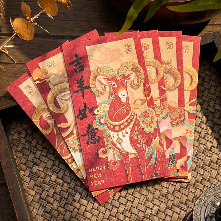 Buddha Stones Ensemble de 6 enveloppes rouges traditionnelles chinoises pour l'année de la Chèvre - Ensemble de 6 pièces 16,6 x 8,6 cm - image 0