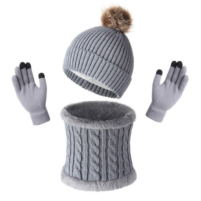 Buddha Stones Écharpe, bonnet et gants chauds en maille côtelée à pompons pour femme, automne-hiver - Gris - image 0