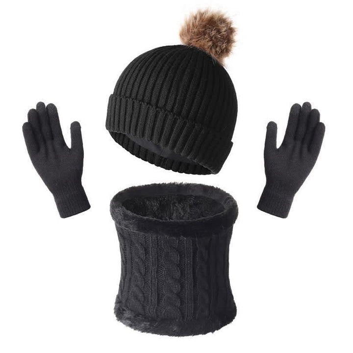 Buddha Stones Écharpe, bonnet et gants chauds en maille côtelée à pompons pour femme, automne-hiver - Noir - image 4