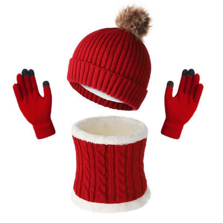 Buddha Stones Écharpe, bonnet et gants chauds en maille côtelée à pompons pour femme, automne-hiver - Rouge - image 10