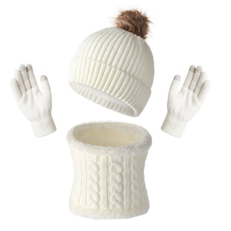 Buddha Stones Écharpe, bonnet et gants chauds en maille côtelée à pompons pour femme, automne-hiver - Blanc - image 13