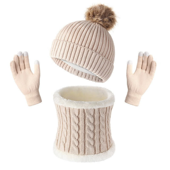 Buddha Stones Écharpe, bonnet et gants chauds en maille côtelée à pompons pour femme, automne-hiver - Beige - image 7