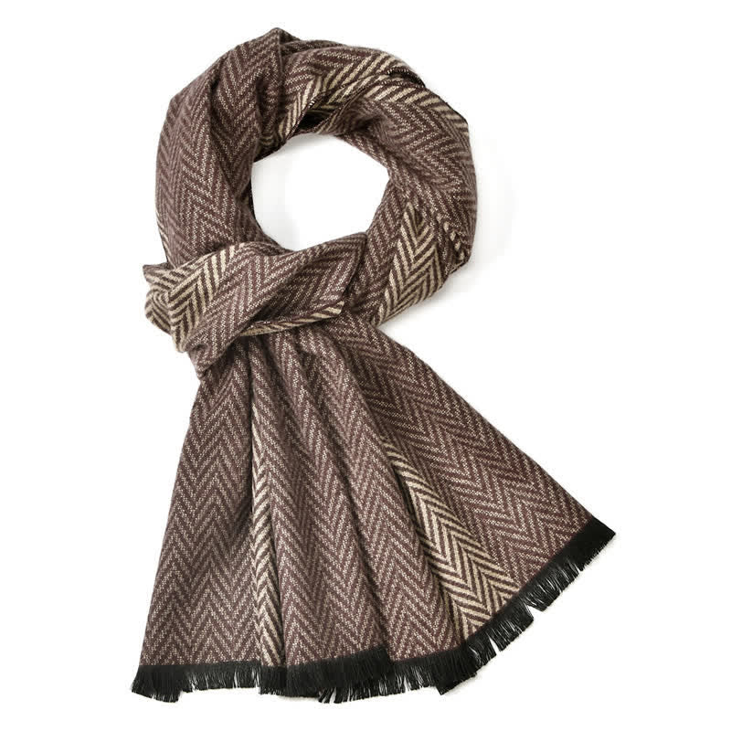 Buddha Stones Écharpe classique pour homme à pompons et motif chevrons automne-hiver - Tanné - 180*30 cm - image 0