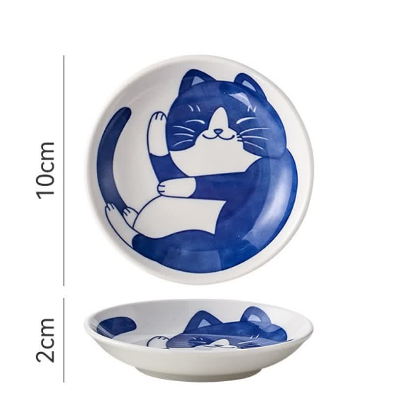 Buddha Stones Plat rond peu profond en céramique, style japonais, en forme de chat mignon - Bleu Blanc - image 3