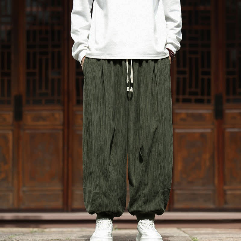Buddha Stones Pantalon harem homme en velours côtelé, coupe bohème décontractée automne-hiver, avec cordon de serrage et poches. - Vert olive foncé - US/UK/AU46, EU56 (5XL) - image 30