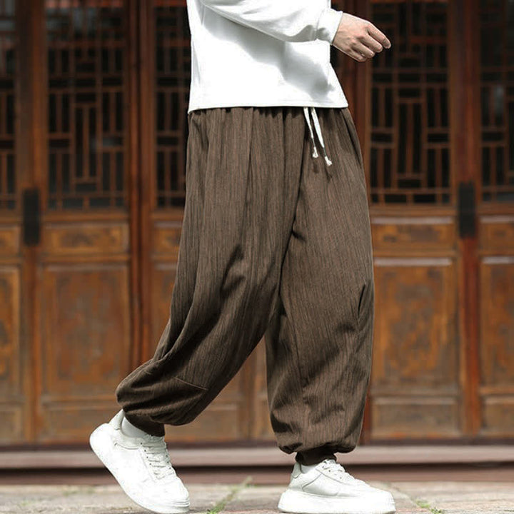 Buddha Stones Pantalon harem homme en velours côtelé, coupe bohème décontractée automne-hiver, avec cordon de serrage et poches. - image 1